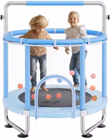 Mini Trampolino Ricreativo VEVOR per Bambini con Rete di Sicurezza e Canestro Basket, Blu, L: 154 cm, P: 147 cm