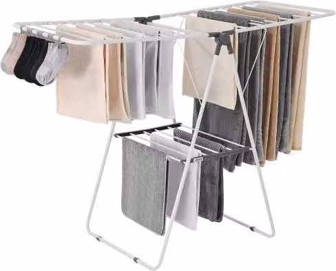 Stendibiancheria Pieghevole Vevor a 2 Livelli in Metallo con 21 Barre e Clip per Calzini, Regolabile in Altezza e Salvaspazio, Bianco o Grigio, H: 138,5 cm x L: 100 cm x P: 60 cm