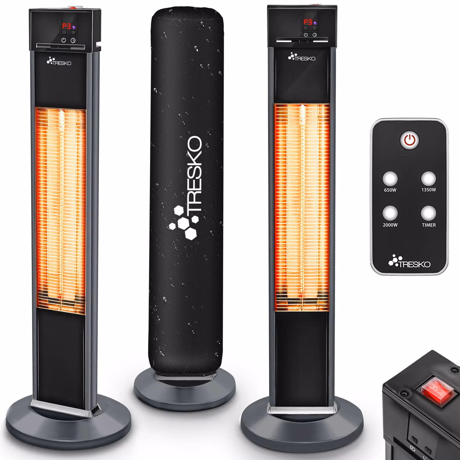 TRESKO riscaldatore a infrarossi da piedistallo 2000W con telecomando e copertura | riscaldatore elettrico da terrazza con 3 impostazioni di calore | riscaldatore da terrazza per interni ed esterni | riscaldatore a infrarossi con display a LED