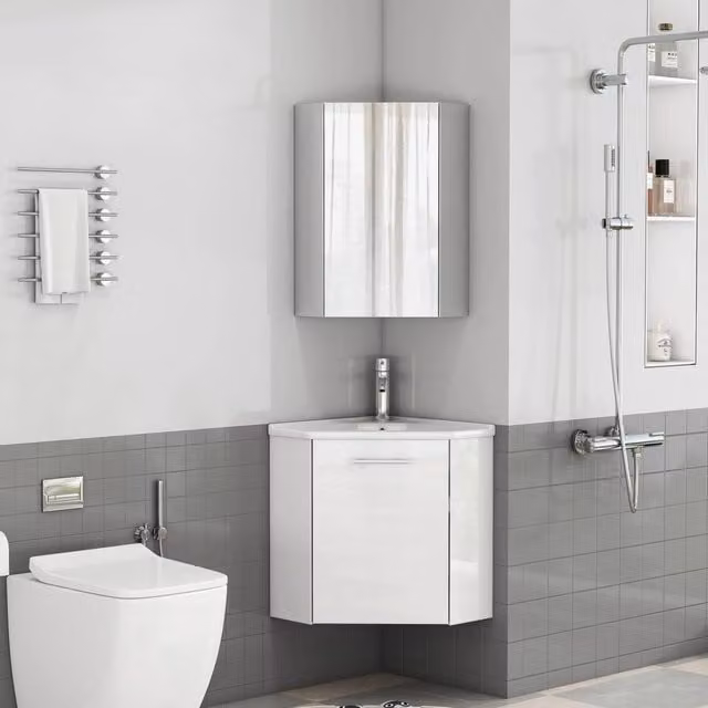 Set angolare bagno con lavabo e armadietto specchio ¨C Minimal ¨C Bianco salvaspazio