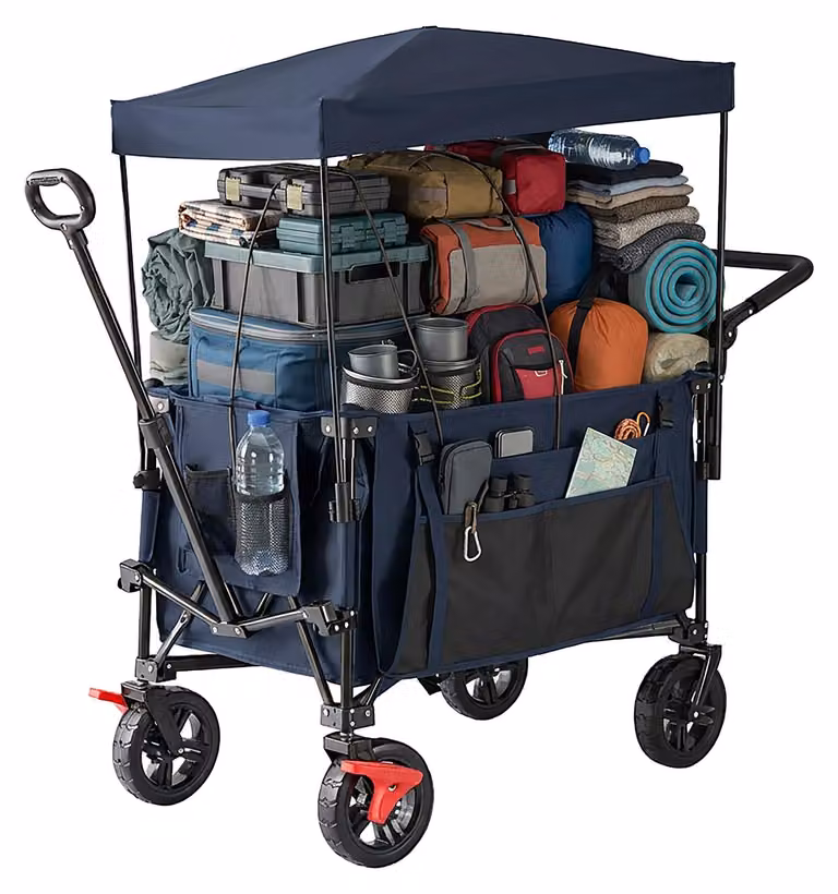 Carretto pieghevole Relaxdays, 150 kg, tettuccio, maniglia telescopica e di spinta, ruote in gomma con freno, carrello da trasporto, blu