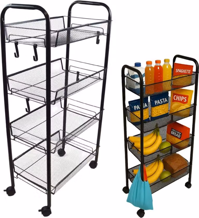 Scaffale mobile con 4 ripiani - carrello da cucina in metallo, scaffale mobile, nero