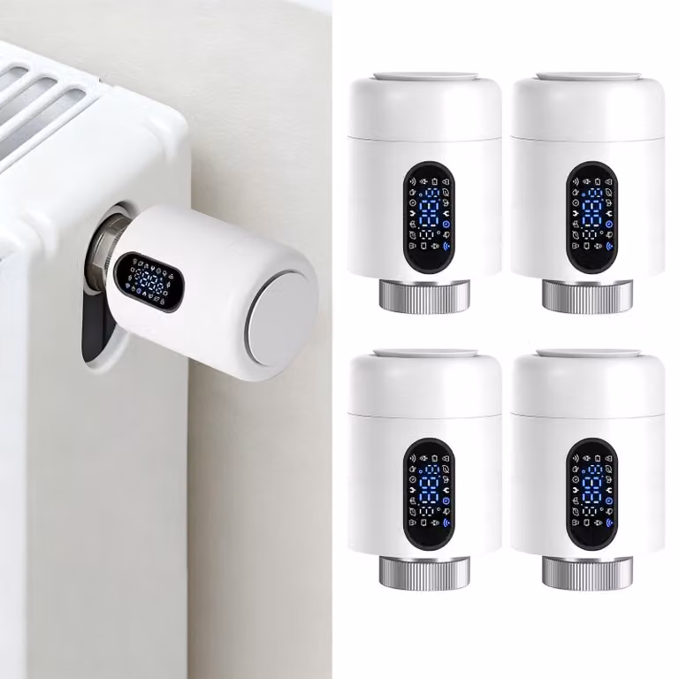 Set di 4 termostati per radiatori Ikodm, controller per riscaldamento WiFi, colore bianco, compatibili con le app Smart Life/Tuya, con blocco per bambini, 7 adattatori per termostato
