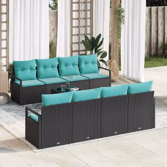 Set di divani 7 pz 6-Numero di posti Nero e azzurro polyrattan 3346316