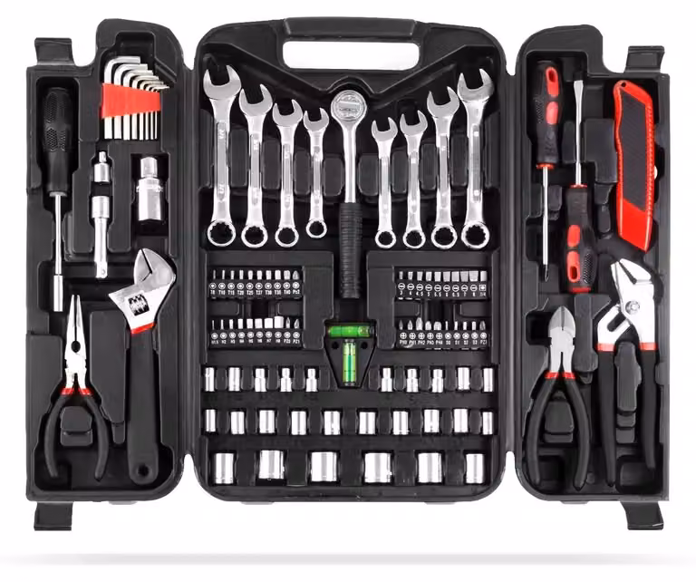 Set di utensili per la casa - Valigetta con 95 pezzi - Ideale per lavori di bricolage e riparazioni auto - Utensili realizzati in lega di alluminio e rame - Scatola portautensili trasportabile - Colore: rosso