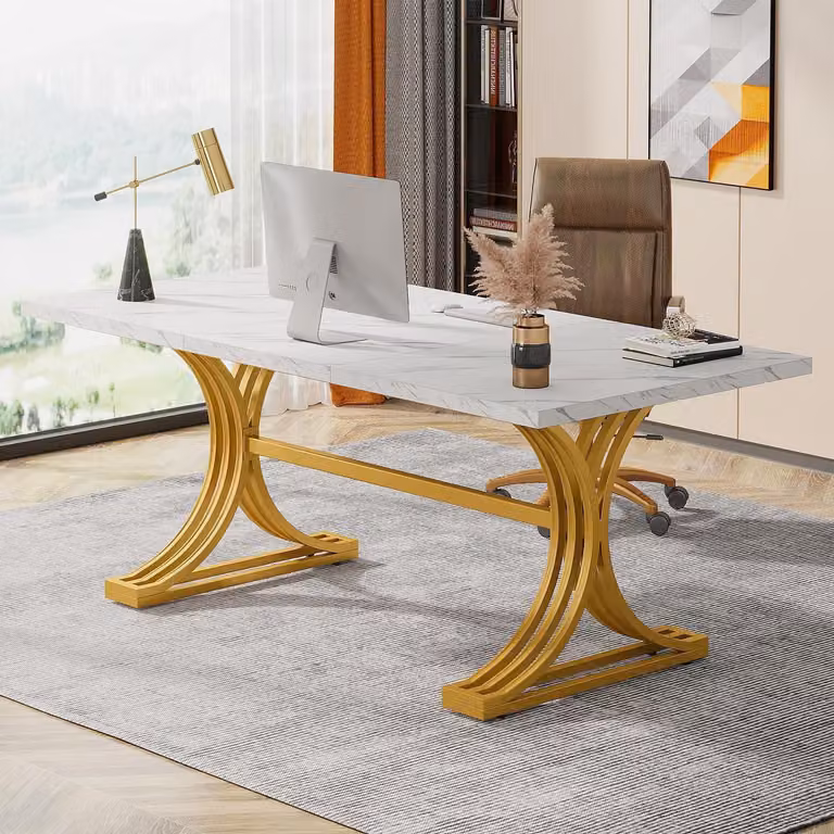 Scrivania, tavolo per computer, 160 x 80 cm, bianco con gambe dorate