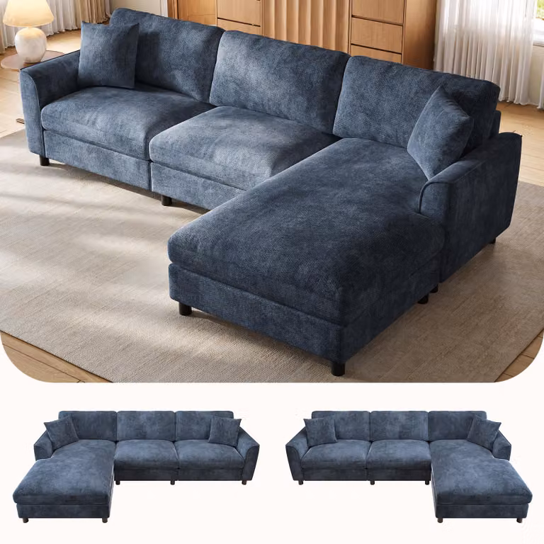 Divano angolare modello Cloud, 3 posti, con chaise longue regolabile, superficie di riposo di 90 cm di larghezza, modulare, dimensioni 256x137x79 (blu)