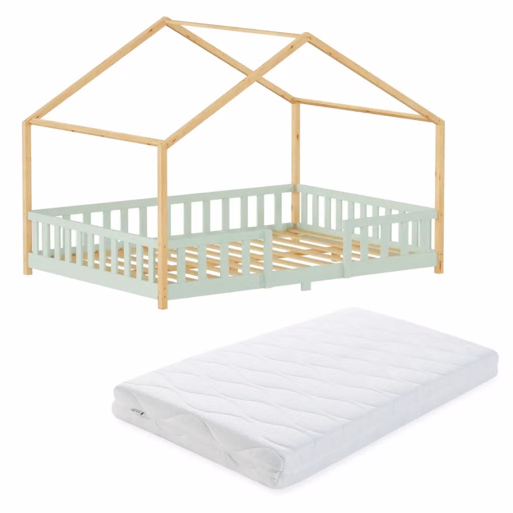 Letto per cameretta Treviolo a forma di casetta in stile Montessori con materasso en.casa, Verde Menta e Beige, L/P/H: 200 x 140 x 146 cm – 2