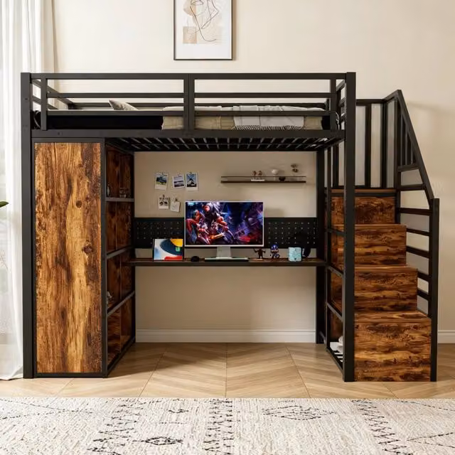 Letto a soppalco in metallo 90x200 cm con scrivania; armadio; scala contenitore e LED; nero