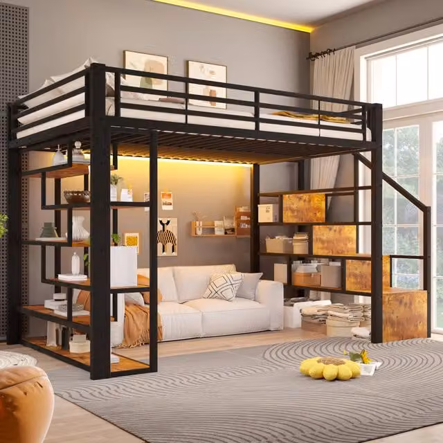 Letto a soppalco 140 x 200 cm in metallo e MDF con scala integrata; ripiani; LED e sponde; nero