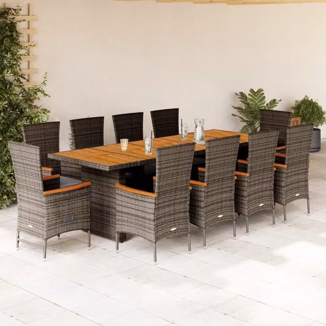 Set da pranzo da giardino vidaXL in polyrattan e legno di acacia con 11 pezzi, colore grigio e nero