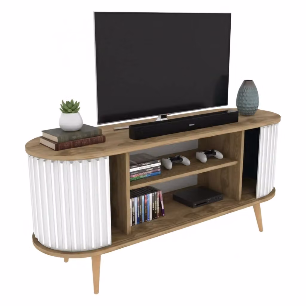 Mobile porta TV Bailu DMORA, Credenza moderna per soggiorno in legno e bianco, L: 140 cm, P: 43 cm, H: 64 cm – 2