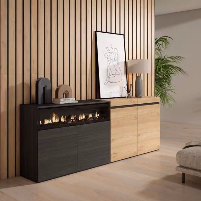 Credenza, Mobile, 200x35x75cm, 4 Porte, Camino elettrico, colore Rovere e nero RF2377