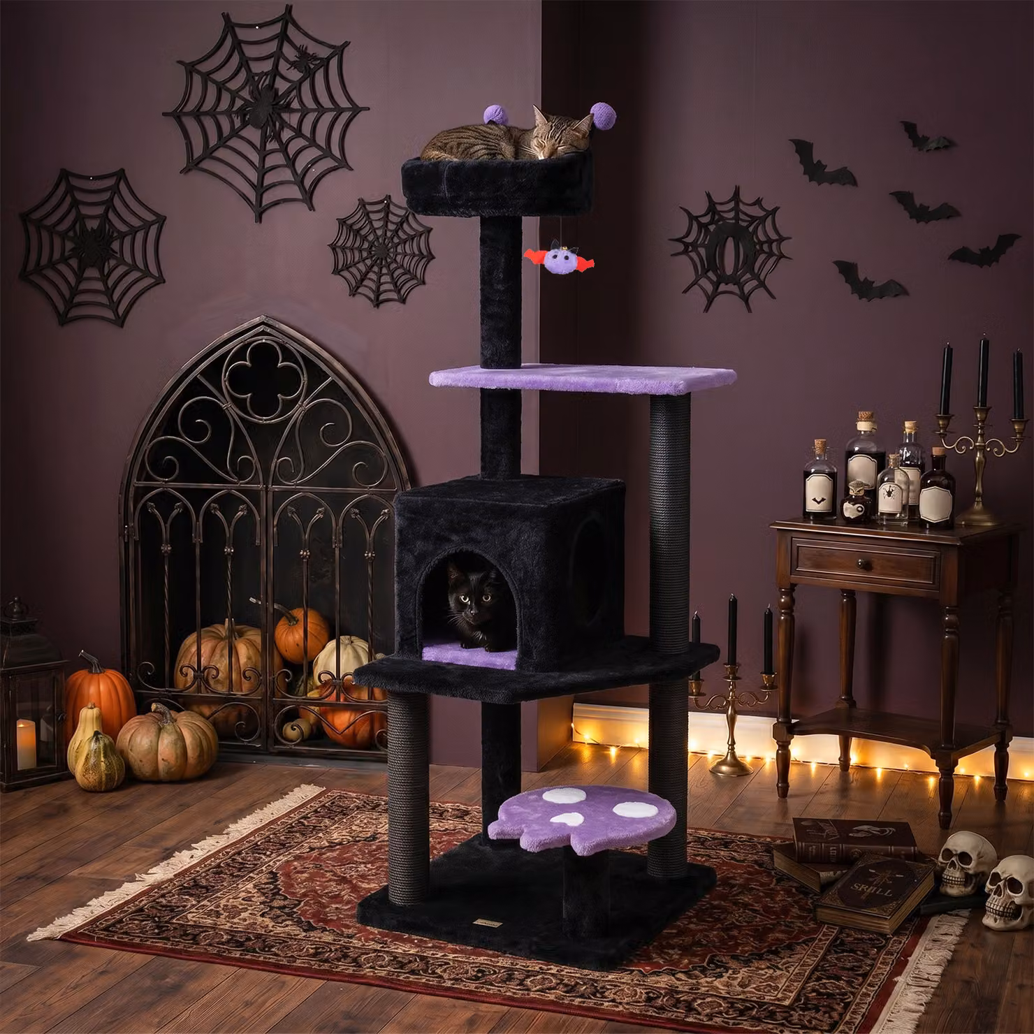 Albero tiragraffi per gatti Costway Viola con 5 livelli e grotte per gatti adulti e piccoli, Altezza: 144 cm