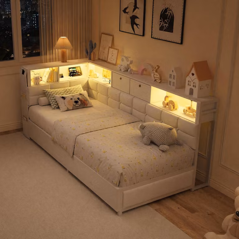 Letto imbottito UnboxG, 90x200 cm, bianco, letto singolo trasformabile in letto angolare con 2 cassetti, illuminazione LED, porte USB e Type-C, testiera montabile a sinistra o a destra