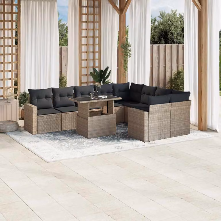 Set Divano da Giardino vidaXL 10 Pezzi a Forma di U in Polyrattan Grigio Antracite con Cuscini e Tavolino
