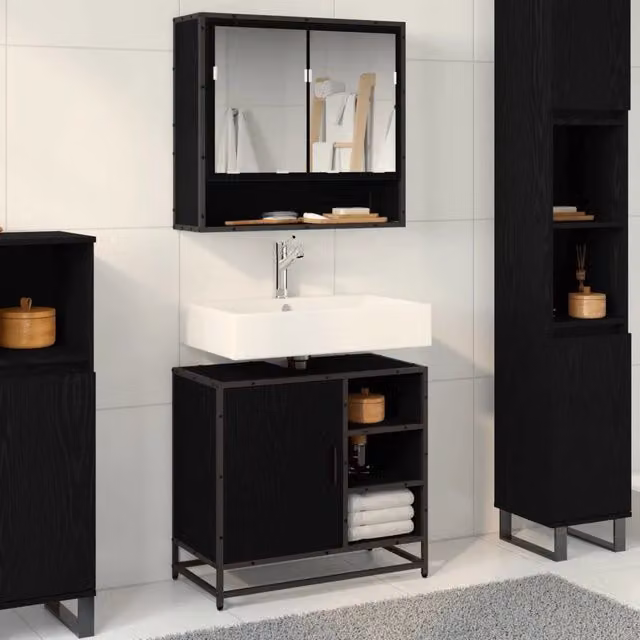 Set di mobili per il bagno moderno vidaXL composto da mobile sottolavabo e armadietto a specchio nero lucido – 1
