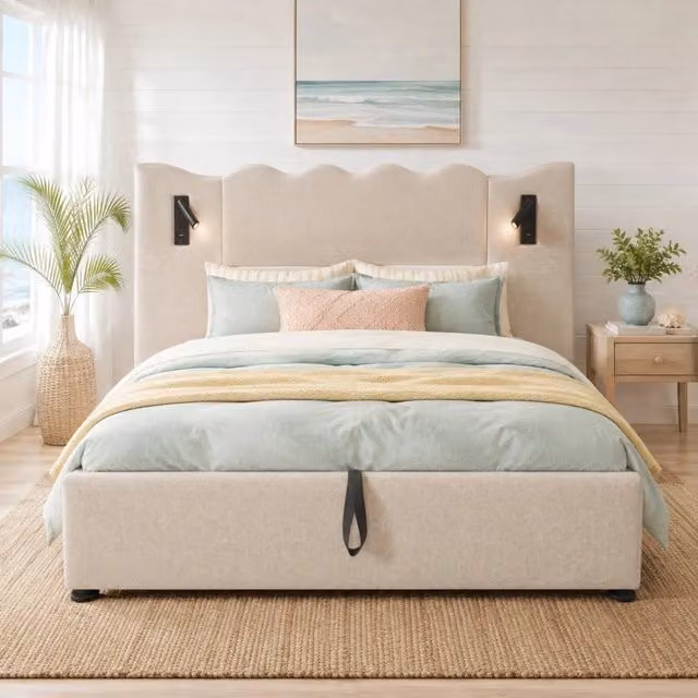 Letto matrimoniale contenitore 160x200 cm in lino beige con luce da lettura USB e Type-C