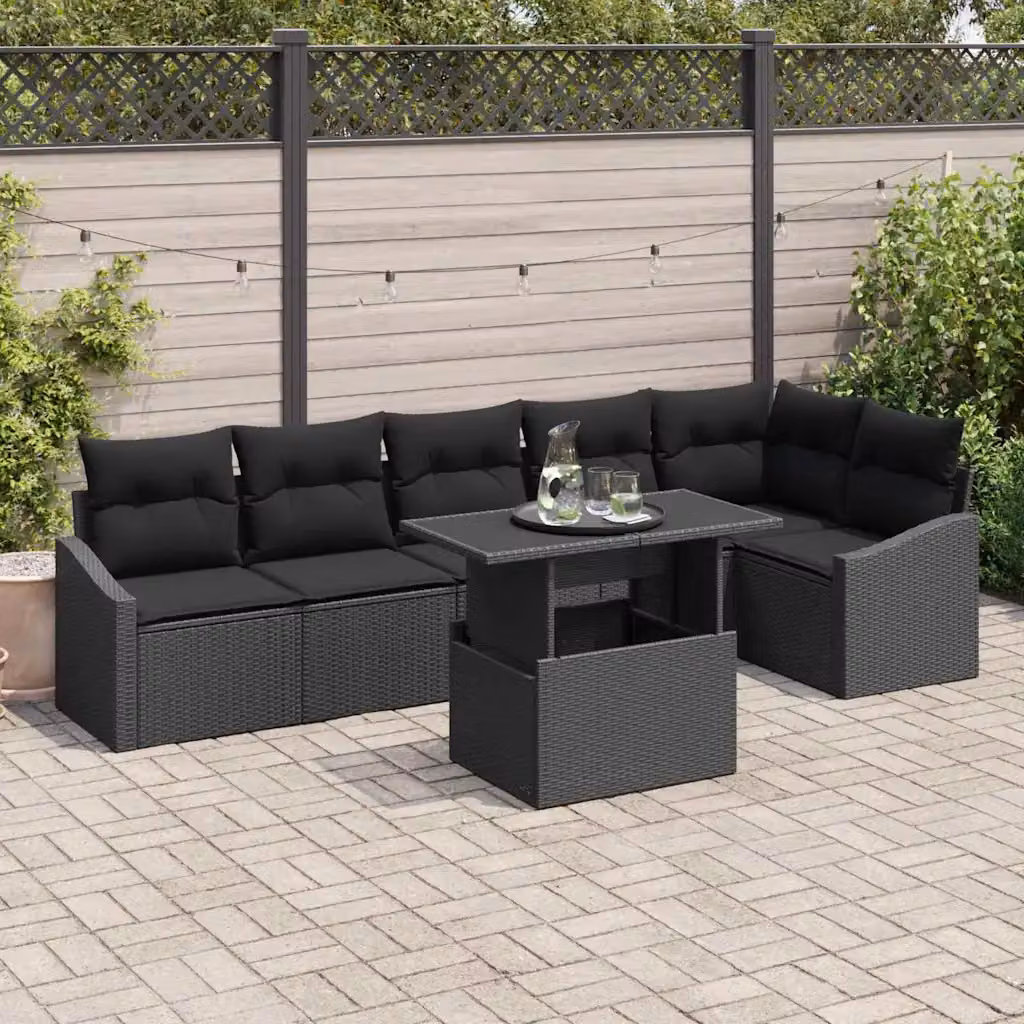 Set Divano da Giardino vidaXL a Forma di L con 7 Pezzi, Nero, con Cuscini e Tavolino da Esterno in Polyrattan e Acciaio – 1