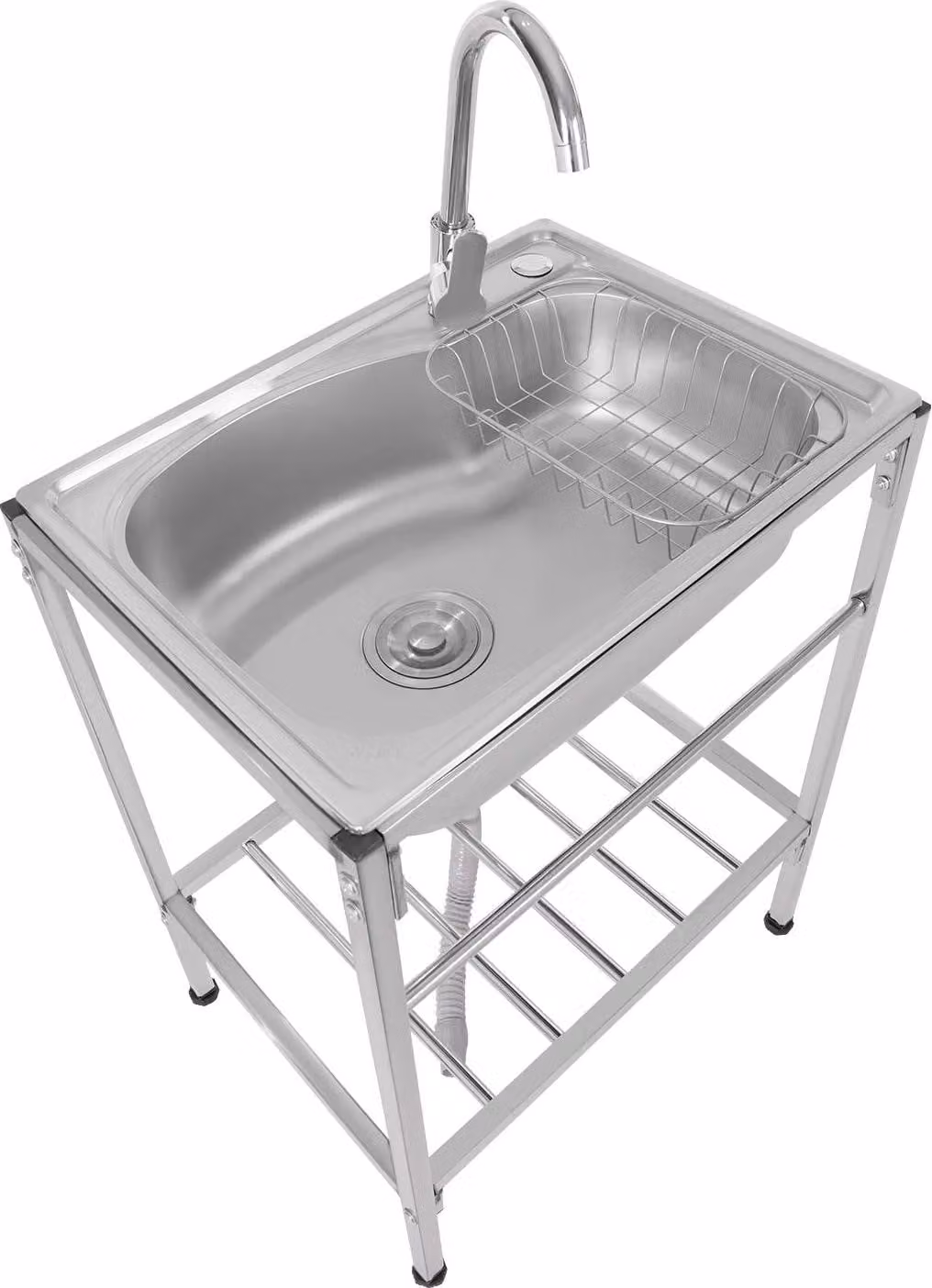 Lavello industriale - Vasca singola indipendente - Acciaio inox 304 - Miscelatore freddo/caldo - Ripiano - 60×45×75 cm - Argento