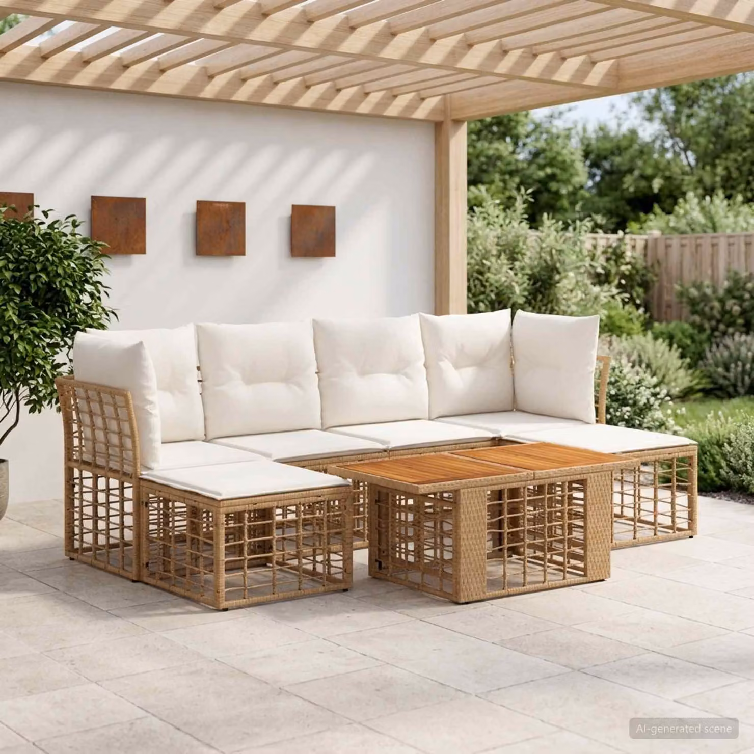 Set Divano da Giardino vidaXL 7 pz in Polyrattan con Cuscini Beige e Crema