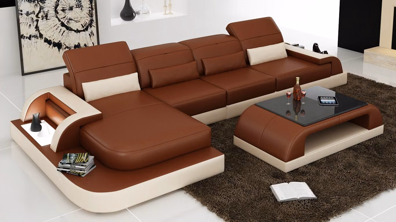 Braune L-Form Sofa Couch Polster Garnitur Wohnlandschaft Design Ecksofa Leder