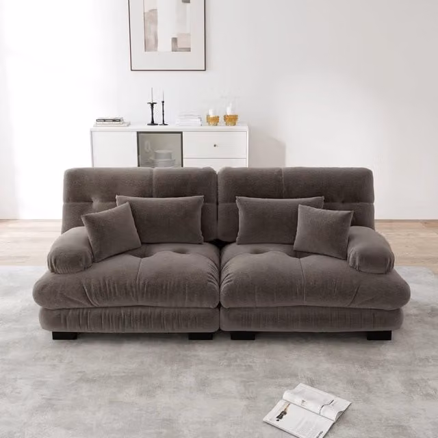 Divano modulare a 2 posti MIVRAY in tessuto marrone con struttura in legno e cuscini decorativi, L: 220 cm, P: 81 cm, H: 77 cm