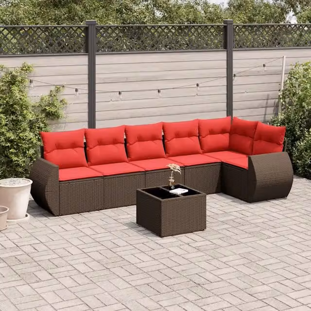 Set da giardino vidaXL composto da 7 pezzi in rattan con cuscini marroni e struttura in acciaio verniciato a polvere per esterno