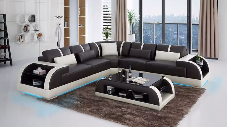 Ledersofa Couch Wohnlandschaft Ecksofa Eck Garnitur Design Modern LED USB Sofa