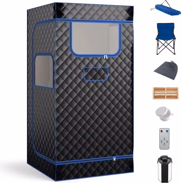 Sauna portatile a vapore per casa con generatore di vapore da 3L telecomando, Box sauna completo 1 posto Nero-Massaggi e relax