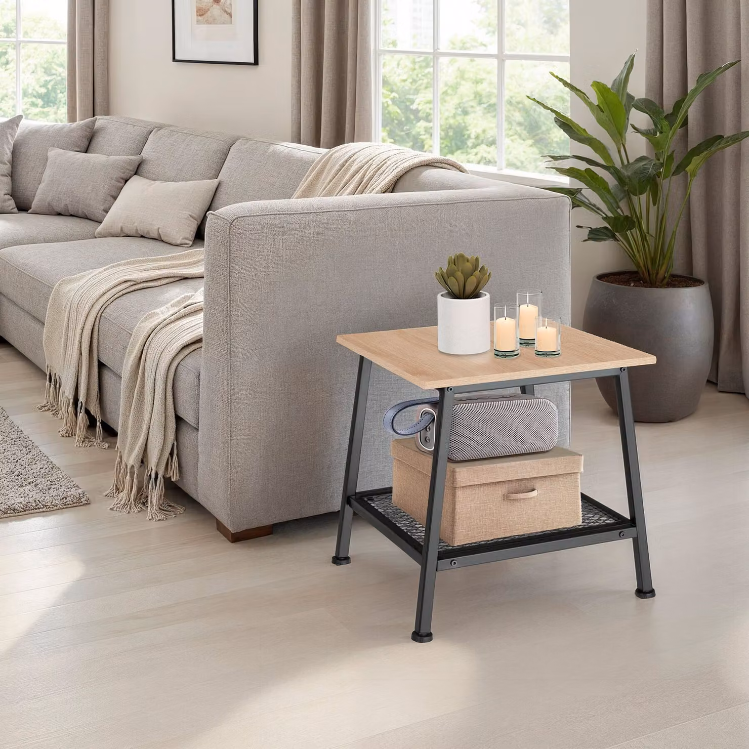 Tavolino quadrato in stile industriale tectake con finitura rovere e struttura in metallo, L/P/H: 45,5 x 45 x 47 cm – 2