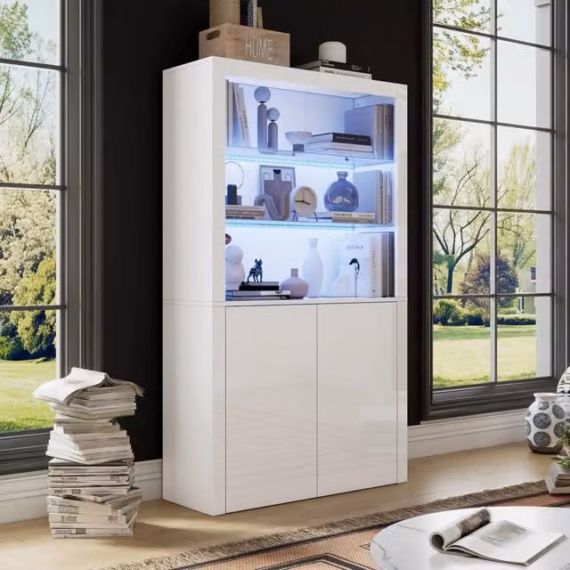 Vetrina con LED a 16 colori vetro temperato MDF bianco lucido frontale portata 80 kg 100 × 35 × 170 cm
