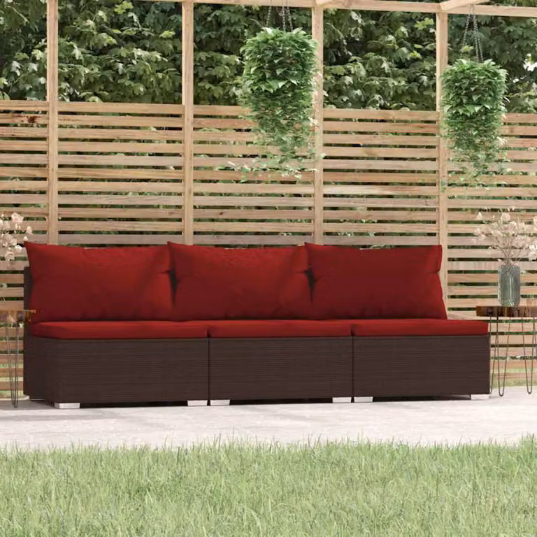 vidaXL Divano da giardino a 3 posti moderno con cuscini rimovibili e struttura in metallo marrone e rosso