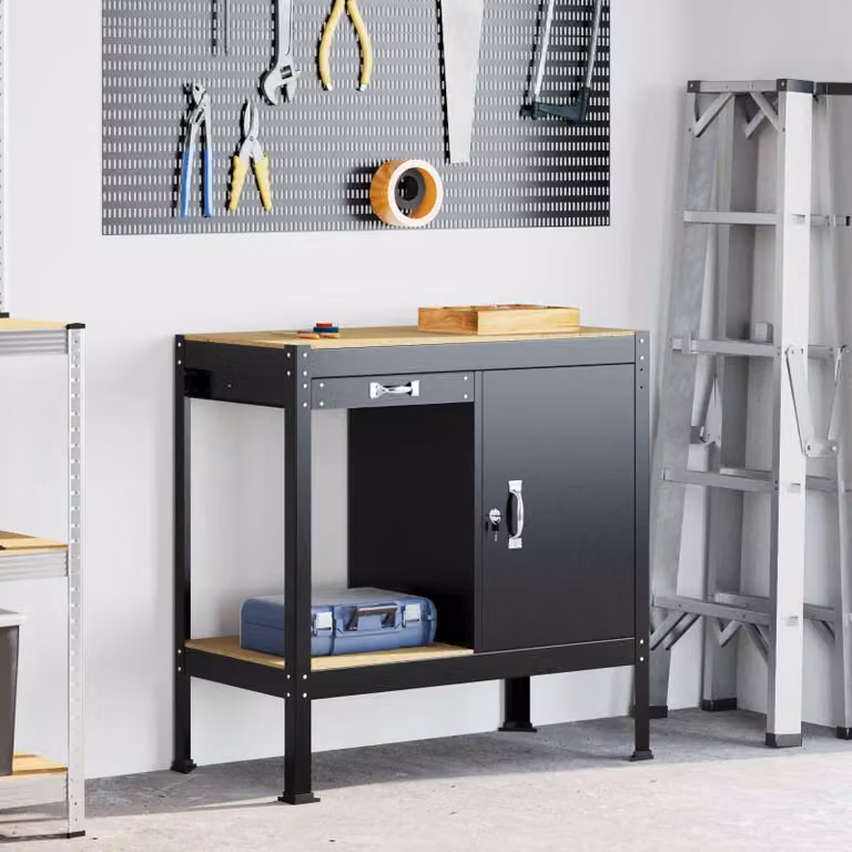 vidaXL Banco da lavoro con cassetto e pannello forato Nero L: 90 cm, P: 49 cm, H: 91 cm