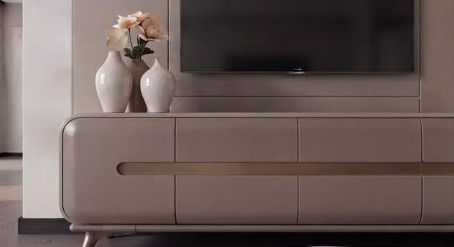 Set per soggiorno moderno, color beige, composto da: mobile TV a basso profilo, tavolino e elementi in legno