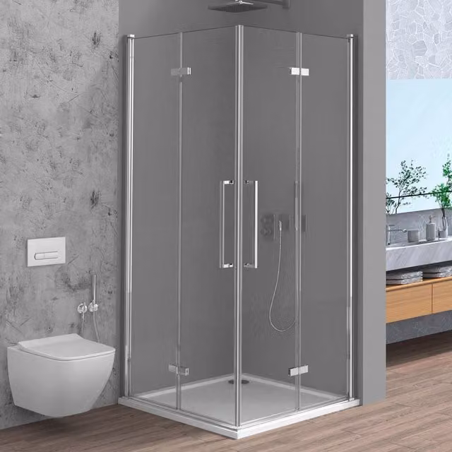 Box doccia angolare Neos in vetro temperato trasparente con doppio soffietto e profili cromo L/P/H: 70 x 70 x 195 cm