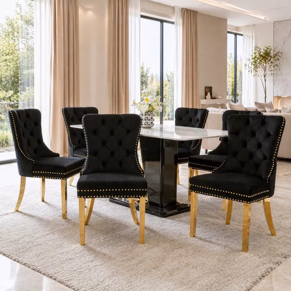 Sedia da pranzo MIVRAY in velluto nero con gambe in metallo dorato e dettagli con borchie – 2