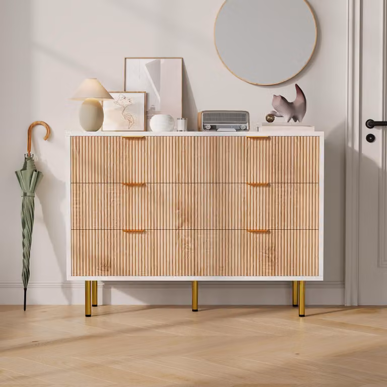 UnboxG Comò a 6 cassetti 100x34x73 cm – Credenza / mobile contenitore con gambe in metallo, combinazione legno-bianco, comò per soggiorno e camera da letto