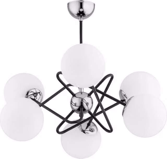 Lampadario a sospensione Virginia Alfa in metallo cromato con 6 sfere in vetro bianco e tecnologia LED dimmabile