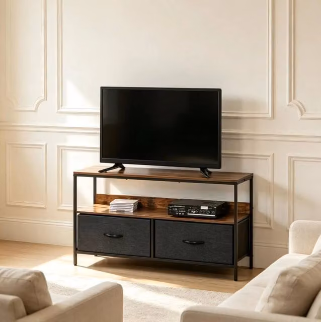 Mobile TV 98x29x56 cm nero, grigio e marrone rustico, MDF metallo, 2 cassetti pieghevoli