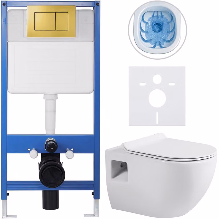 Set completo per WC sospeso Lite/Dure - bianco lucido - pulsante per WC Classic, dorato - installazione a muro/con pannello di cartongesso - 51x35 cm