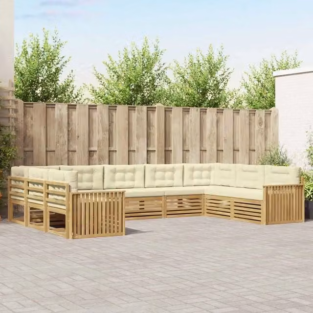 Set di divani da esterno a L vidaXL in legno di acacia con cuscini Bianco e Beige