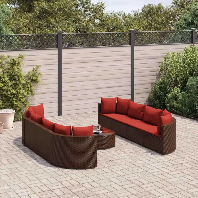 Set di divani da giardino vidaXL a forma di U composto da 9 pezzi con cuscini e tavolino da esterno, struttura in metallo e rattan, colore marrone e rosso