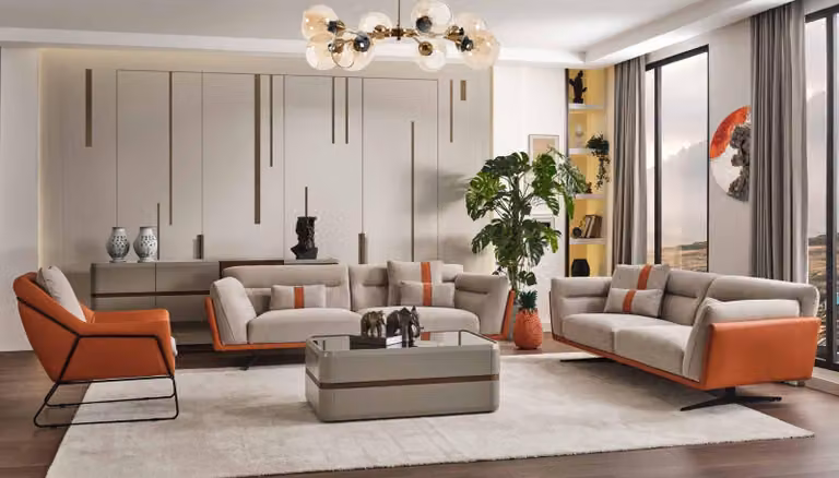 Couchgarnitur Sofagarnitur Komplette Polstersofa Orange Stoffsofa