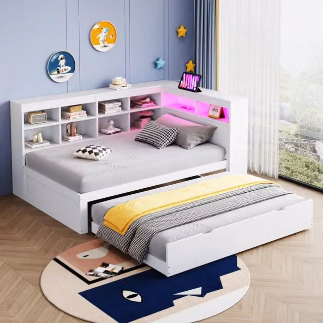 Divano letto 222.3x116x92 cm con letto estraibile; USB; LED; legno; bianco