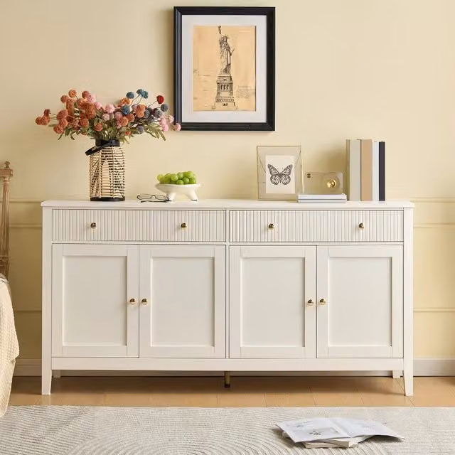 Credenza moderna REDOM in MDF bianca con dettagli oro, L 160 cm x P 40 cm x H 82 cm