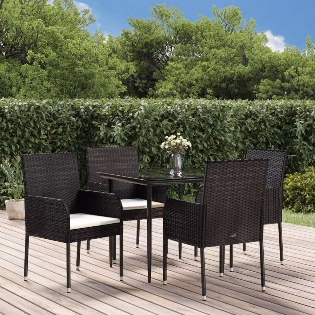 Set da Pranzo da Giardino vidaXL in Polyrattan e Metallo con Piano in Vetro Nero, 5 Pezzi