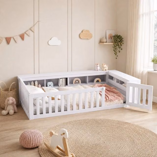 Letto a pavimento per bambini 90 x 200 cm con vani portaoggetti; sponde e rete a doghe; bianco