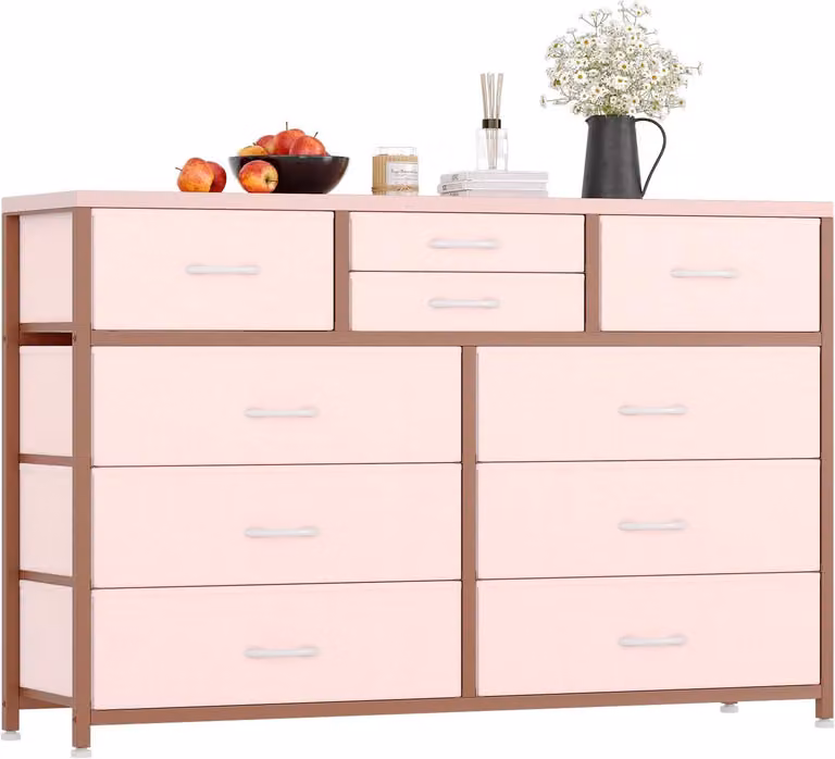 Comodino con cassetti, mobiletto laterale, versatile, capiente, colore rosa, realizzato in materiale composito di legno (MDF/pannello truciolare), struttura in metallo robusta, resistente.