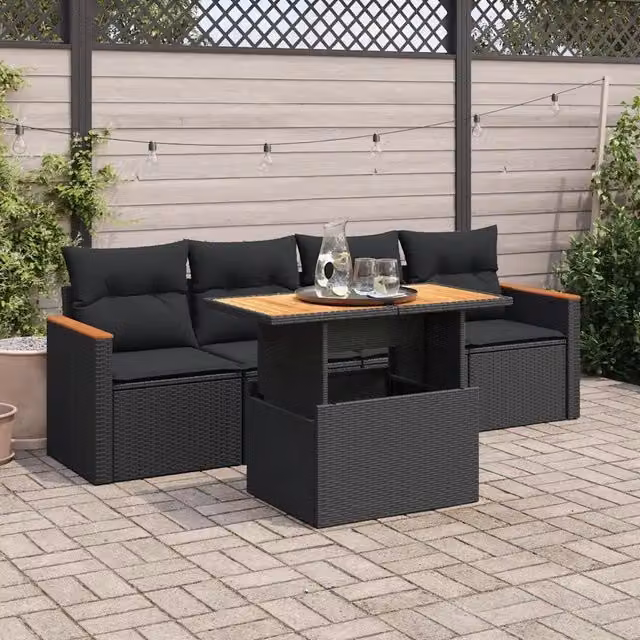 Set Divani da Giardino 5 pz con Cuscini Nero Polyrattan Acacia 3327429